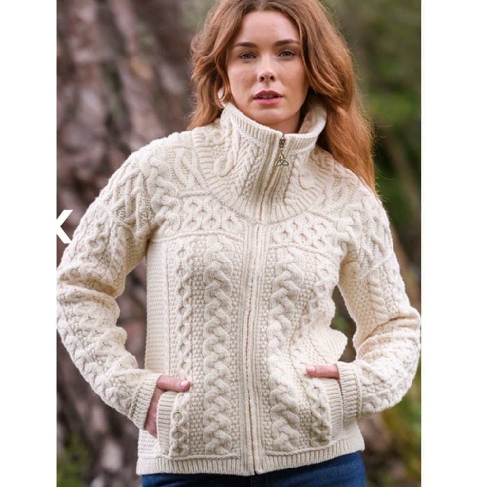 NWT Aran Crafts Merino Cable Knit Women's Brown Cardigan Sweater Full Zipper, S - Picture 2 of 10